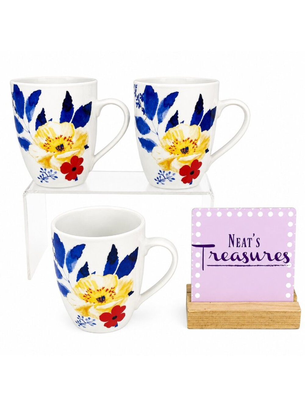 Tabletops ANEMONE BlueYellow Red Floral Square Porcelain 10oz Cups Mugs Set of 3
